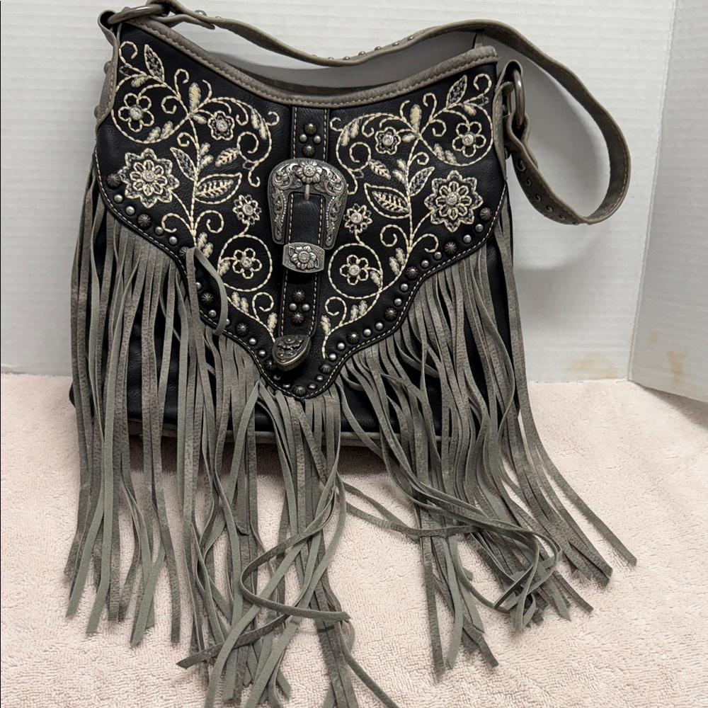 Montana West Embroidered Fringe Shoulder Bag - Black and Gray